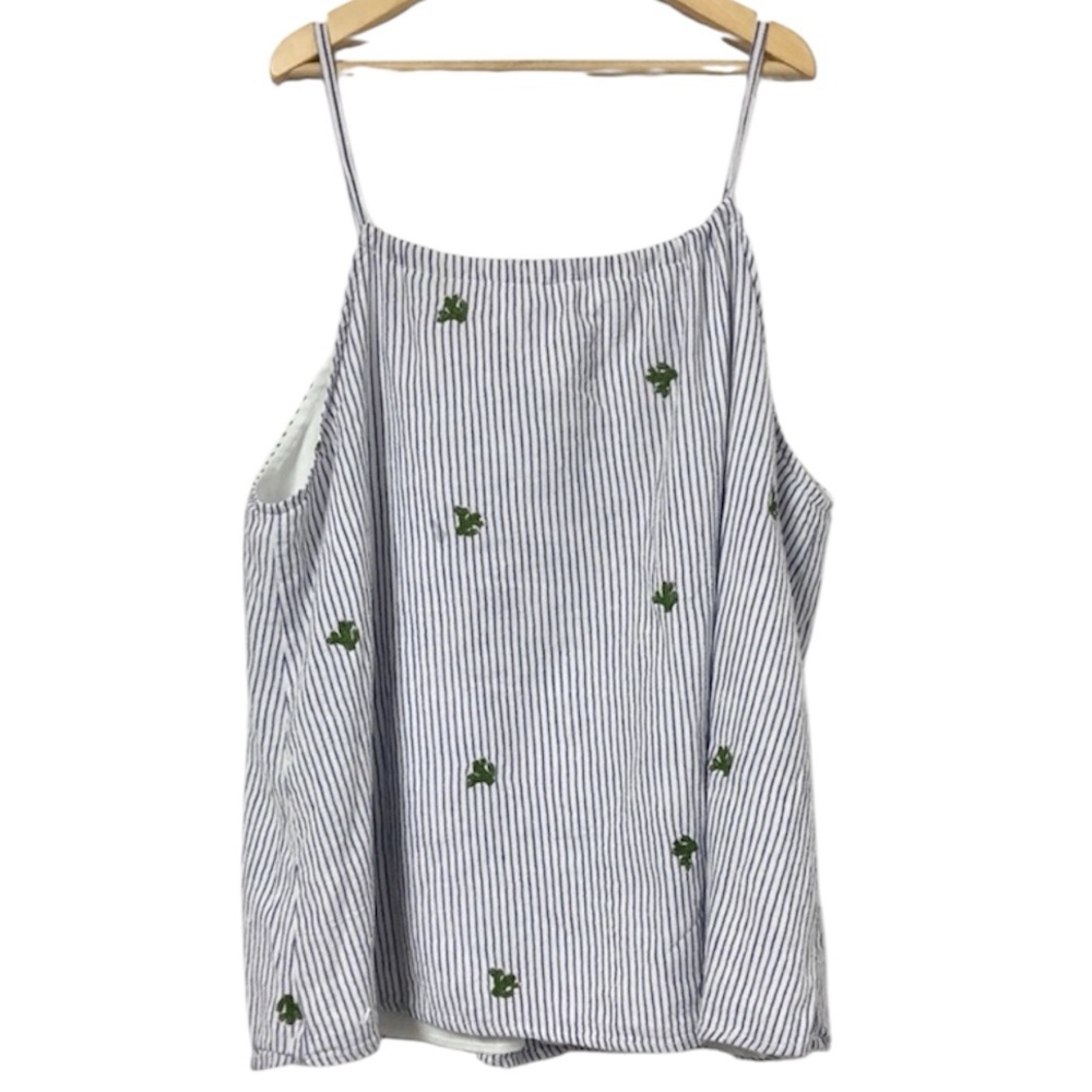 Blue Rain Striped Tank Top with Green Cactus Embroidery